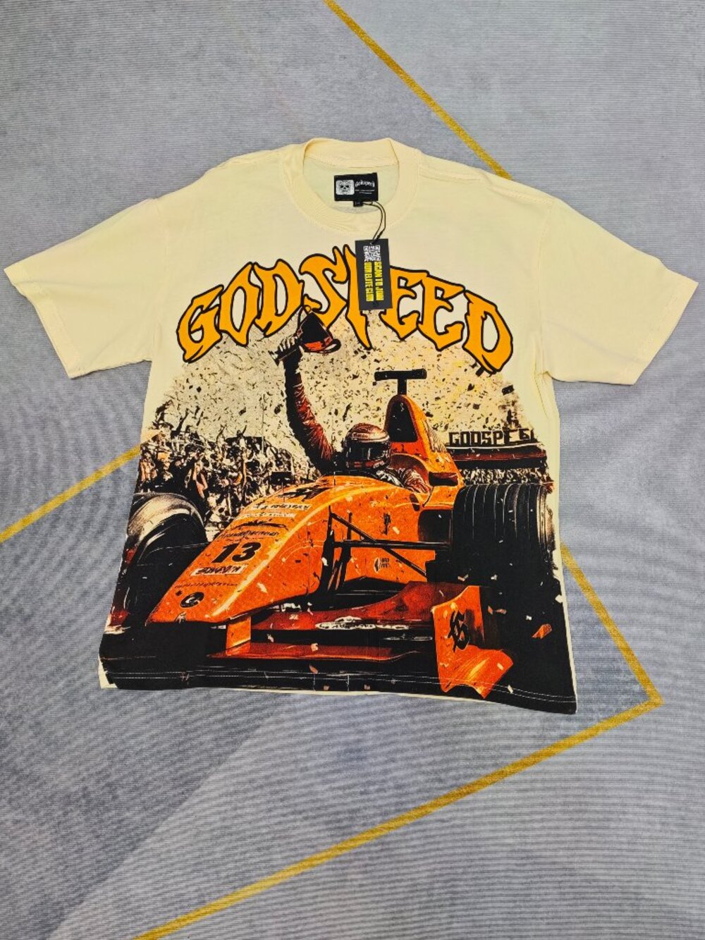Godspeed Cream Yellow Formula One Race Car Driver Print Streetwear T‑Shirt